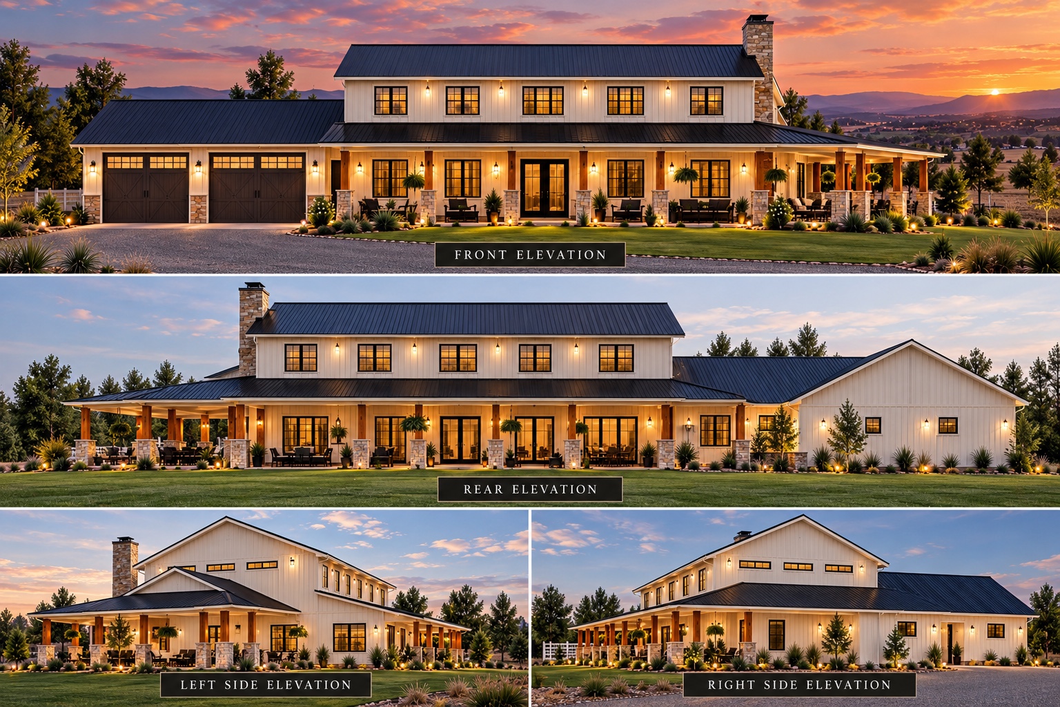 IVEY 4 barndominium architectural concept showing front, rear, left and right elevations